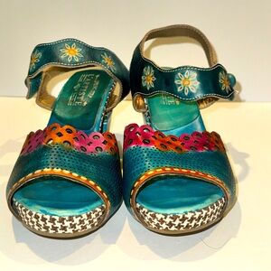 Spring Step L'Artiste Blue Jive Leather Platform Heel Sandal Women Size 8.5 (39)